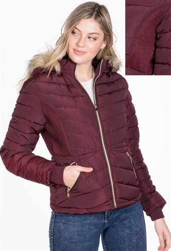 Women's Puffer Jacket with Detachable Hood and Vegan Leather Piping