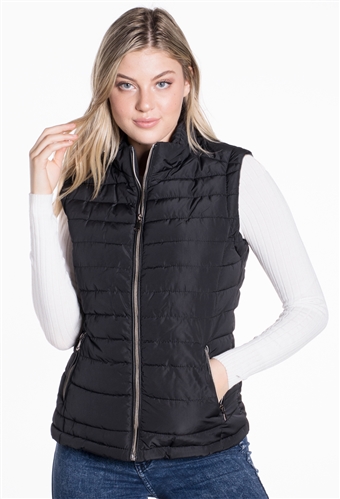 Women's Plus Size Puffer Vest with Vegan Leather Piping