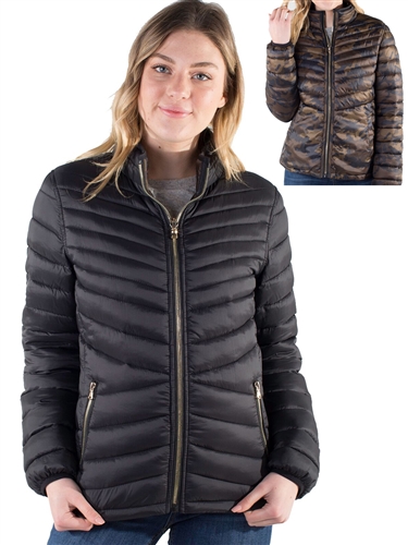 Women's Reversible Puffer Jacket with High Shine Zipper