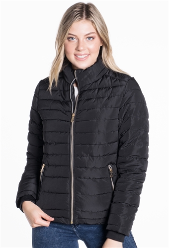 Women's Puffer Jacket with High Shine Zipper and Vegan Leather Piping