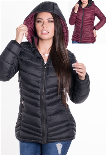 Women's Mid-Length Reversible Puffer Jacket with High Shine Zippers