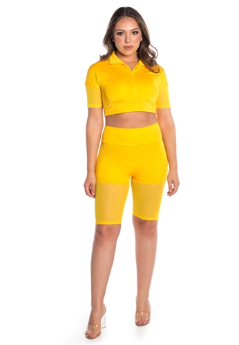 Women's Mesh Biker Shorts and Zip Up Crop Top Set