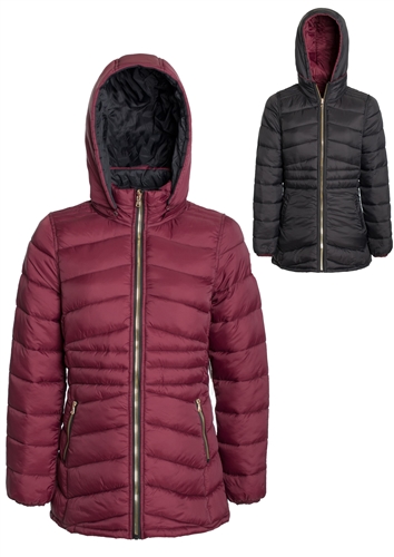 Women's Mid Length Solid Reversible Lightweight Puffer Jacket