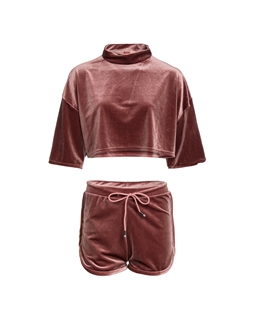 Women's Velour Mock Neck Crop Top and Shorts Set