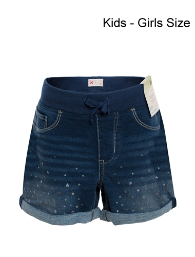 Girl's Mock Denim Shorts with Folded Hems and Holographic Stars Details