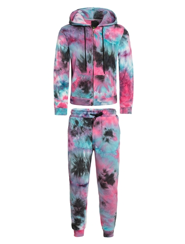 Women's Tie-Dye Zip Up Fleece Jacket with Hood and Joggers Set