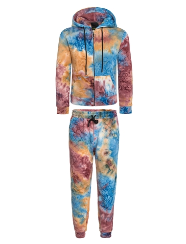 Women's Tie-Dye Zip Up Fleece Jacket with Hood and Joggers Set