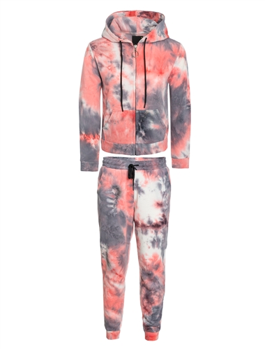 Women's Tie-Dye Zip Up Fleece Jacket with Hood and Joggers Set