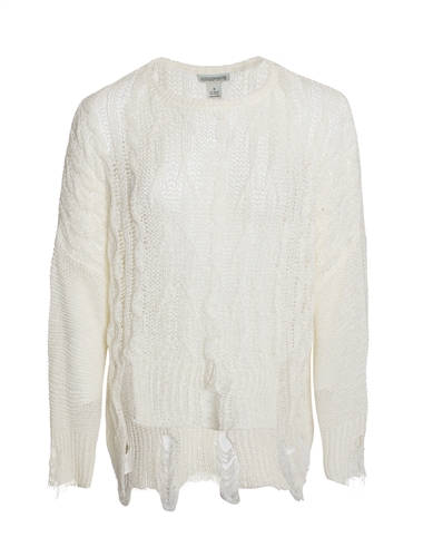 Women's Cable Knit Sweater with Distressed Hems