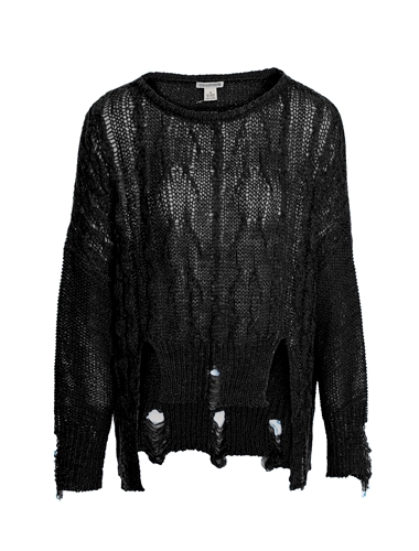 Women's Cable Knit Sweater with Distressed Hems