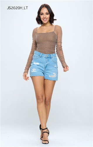 JS-2020 Light Blue - High Rise Distressed Raw Hem Shorts by Blue Age &#8203; &#8203;