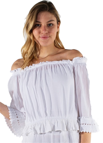Ladies Elasticized Off Shoulder Top with Elasticized Waist Band and Crochet Trim