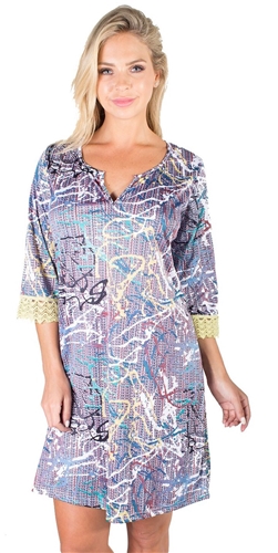 Ladies Printed Shift Dress with Crochet Trim on Sleeves