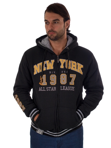 RR150005-BLACK/YELLOW- Men's Fur-Lined Applique Zip-Up Hoodie<BR>1-2-2-1