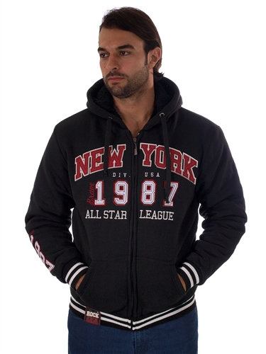 RR150005-BlackRed- Men's Fur-Lined Applique Zip-Up Hoodie<BR>1-2-2-1