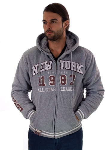 RR150005-Heather Grey- Men's Fur-Lined Applique Zip-Up Hoodie<BR>1-2-2-1