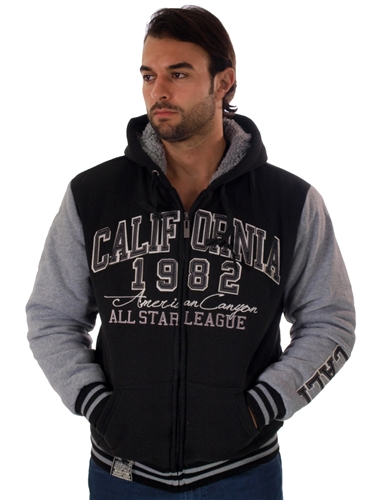 RR150010-BlackHGrey- Men's Fur-Lined Applique Zip-Up Hoodie by Rock<BR>1-2-2-1