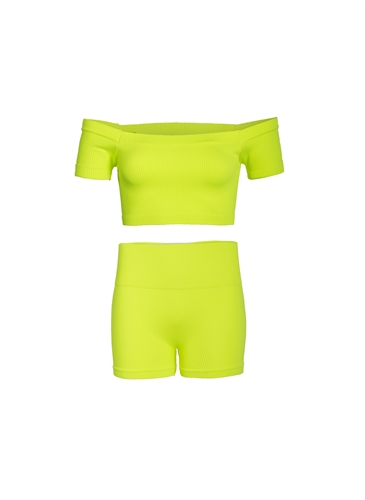 Women's 2-Piece Ribbed Seamless Off Shoulder Crop Top and Biker Shorts Set