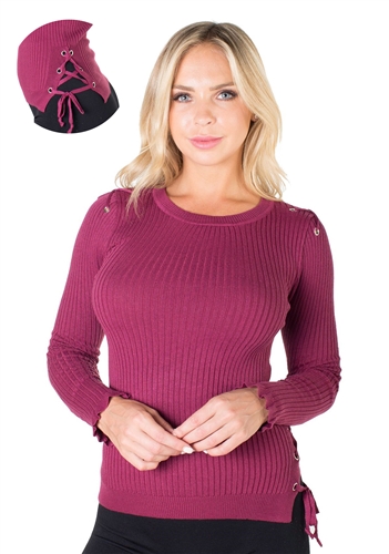 Ladies Ribbed Sweater with Lace up Shoulders and Side By Special One