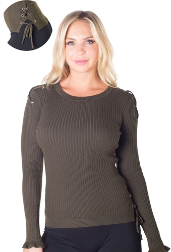 Ladies Ribbed Sweater with Lace up Shoulders and Side By Special One
