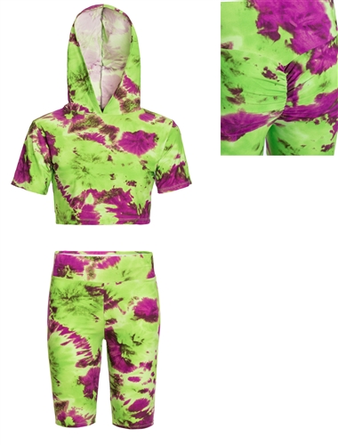 Women's Camo or Tie-Dye Crop Top and Back Ruched Biker Shorts Set
