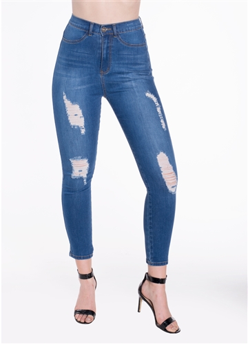 Ladies Ripped Stretchable Super Skinny Jeans with Mock Front Pockets