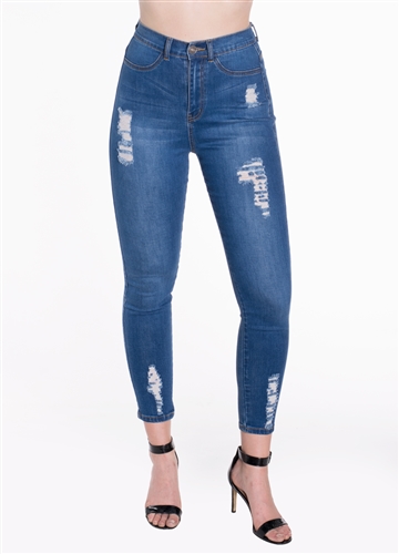 Ladies Ripped Stretchable Super Skinny Jeans with Mock Front Pockets