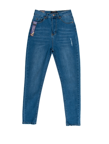 Ladies Medium Wash High Waist Skinny Jeans with Distressed Hems