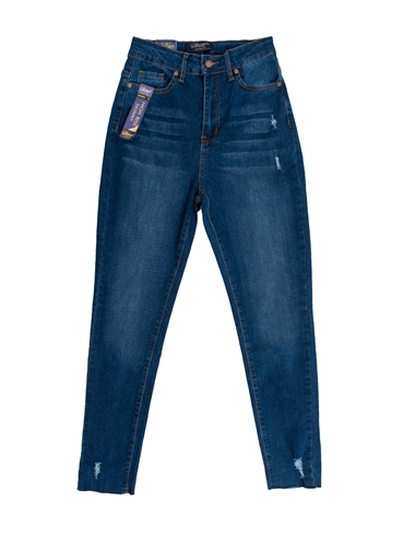 Ladies Dark Wash High Waist Skinny Jeans with Raw Cut Hems