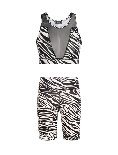 Women's Zebra Print Mesh Accent Sports Bra and Biker Shorts Set