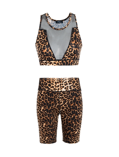 Women's Leopard Print Mesh Accent Sports Bra and Biker Shorts Set