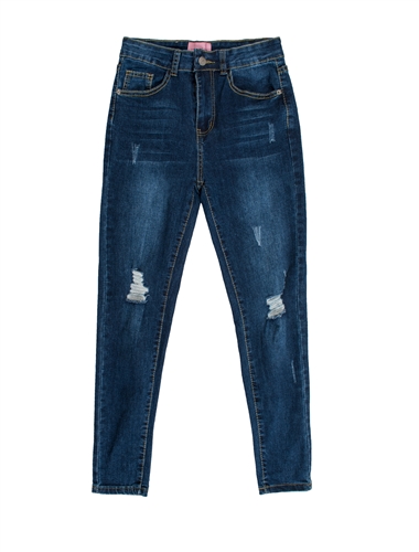 Ladies Distressed Dark Wash Skinny Jeans