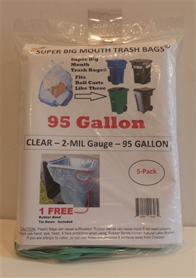 CLEAR 95 Gallon Trash Bags 5 Pack