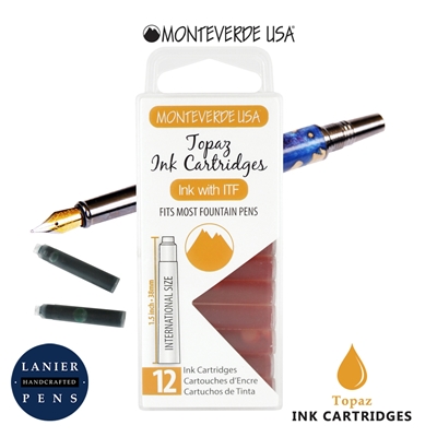 Monteverde G305TO Ink Cartridges Clear Case Gemstone Topaz- Pack of 12 / Monteverde G305TO Topaz Ink Cartridges Pack of 12