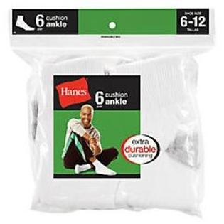 Hanes Men's Ankle Cushion Socks, 6-12, White, 6 pairs