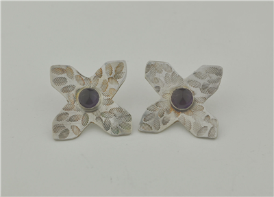 Sterling silver patterned X earring with amethyst handcrafted