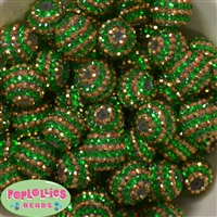20mm Green and Gold Stripe Rhinestone Bubblegum Beads