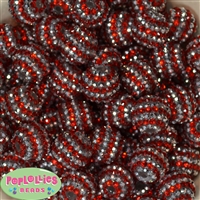 20mm Red & Silver Stripe Rhinestone Bubblegum Beads