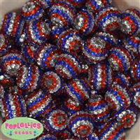 20mm Red, Silver, Blue Stripe Rhinestone Bubblegum Beads Bulk