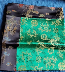 Altar / Puja Table Cover, Silk Brocade, Green Dragons & Black Auspicious Symbols