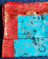 Altar / Puja Table Cover, Silk Brocade, Turquoise Dragons & Red Golden Lotuses