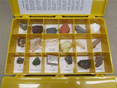 Some Nevada rocks and minerals: Box containing 18 specimens of Nevada rocks and minerals