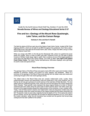 Fire and ice--geology of the Mount Rose quadrangle, Lake Tahoe, and the Carson Range (Guide for the Earth Science Week Field Trip, October 17 and 18, 2015)