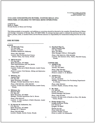 Ore and concentrate buyers, custom mills, and smelters available to Nevada mine operators revised to December 1981 SUPERSEDED BY LIST 7