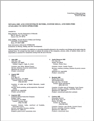 Nevada ore and concentrate buyers, custom mills, and smelters available to mine operators revised to July 1986