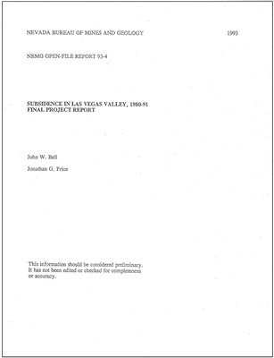 Subsidence in Las Vegas Valley, 1980-91: Final project report TEXT AND 9 PLATES