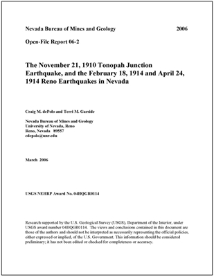 The November 21, 1910 Tonopah Junction earthquake, and the February 18, 1914 and April 24, 1914 Reno earthquakes in Nevada