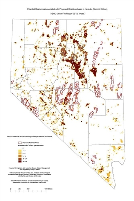 Number of active mining claims per section in Nevada (Plate 7 from Open-File Report 06-12: Potential resources associated with proposed roadless areas in Nevada, second edition) PLATE 7 AND TEXT