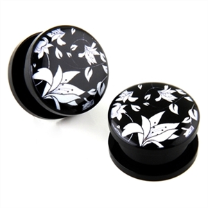 Screw on Acrylic Ear Plug Gauge tulip blossom flower logo black Body Jewelry 00g 0G 1/2" 2G 4G 5/8" 6G 9/16" AP-73