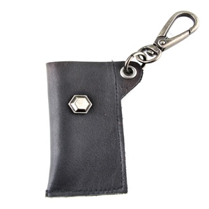 Genuine Leather  Key Chain - Hexagonal Metal Accent - Black